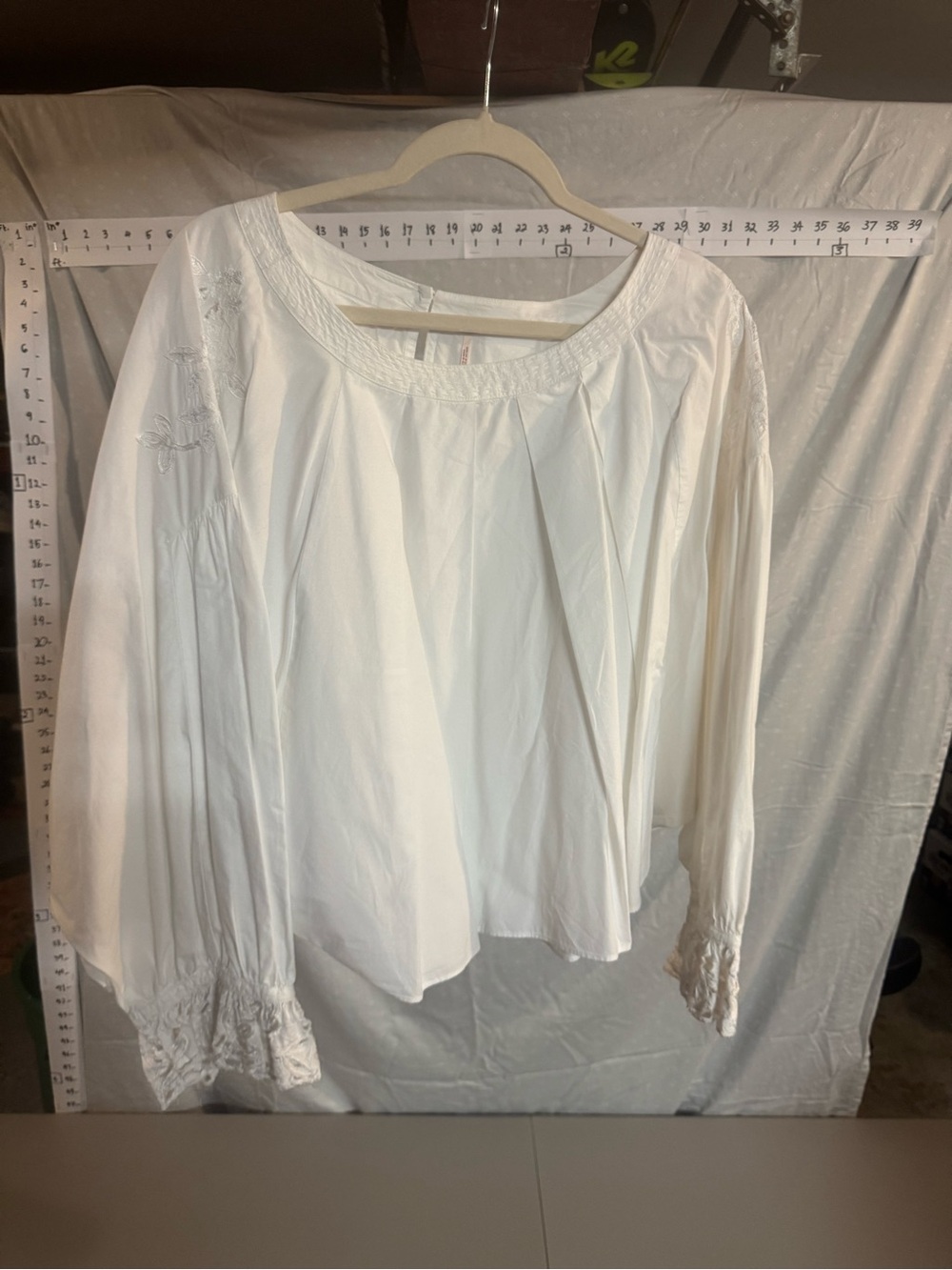 Free People White Boho Peasant Blouse with Smocked Cuffs